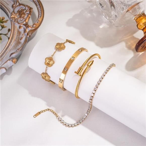 18K Gold Plated Bracelet Set Women Stackable Tennis Love Clover Adjustable Jewel - Picture 3 of 7